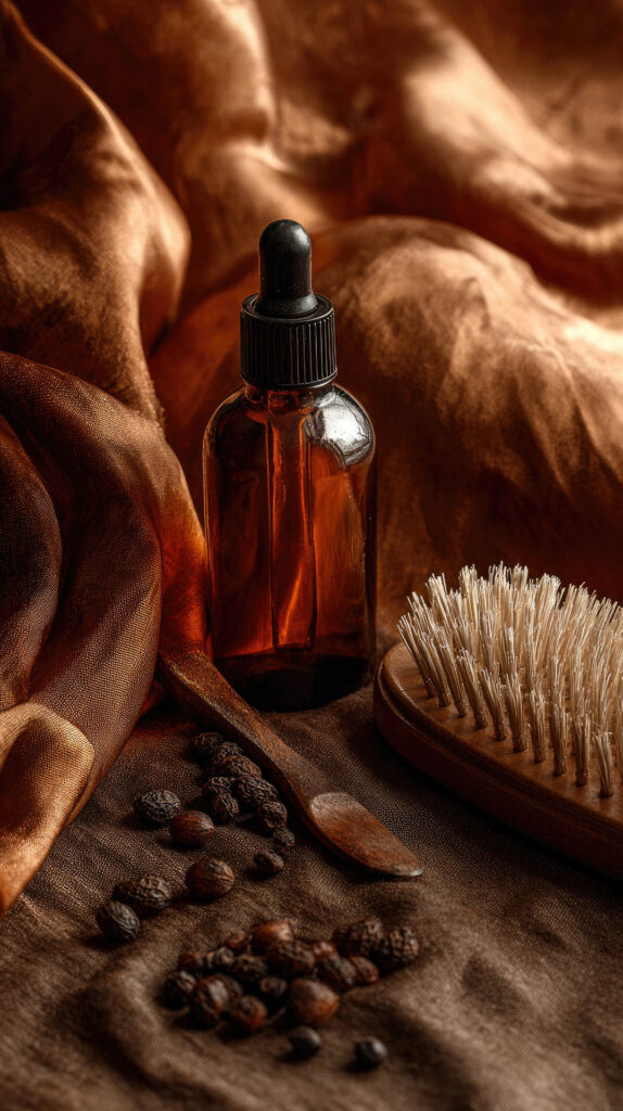 Amber Serum, Wooden Brush, Coffee Beans, Luxurious Fabric