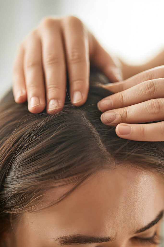 Macro shot of female scalp massage with hands gently parting hair soft natural light relaxation and wellness care. High quality photo