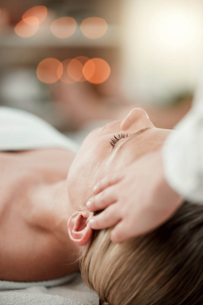 Relax woman, spa head massage and facial wellness, luxury zen therapy and beauty skincare. Calm female face reflexology with scalp cosmetics, peaceful holistic and rich healthy body detox at salon.